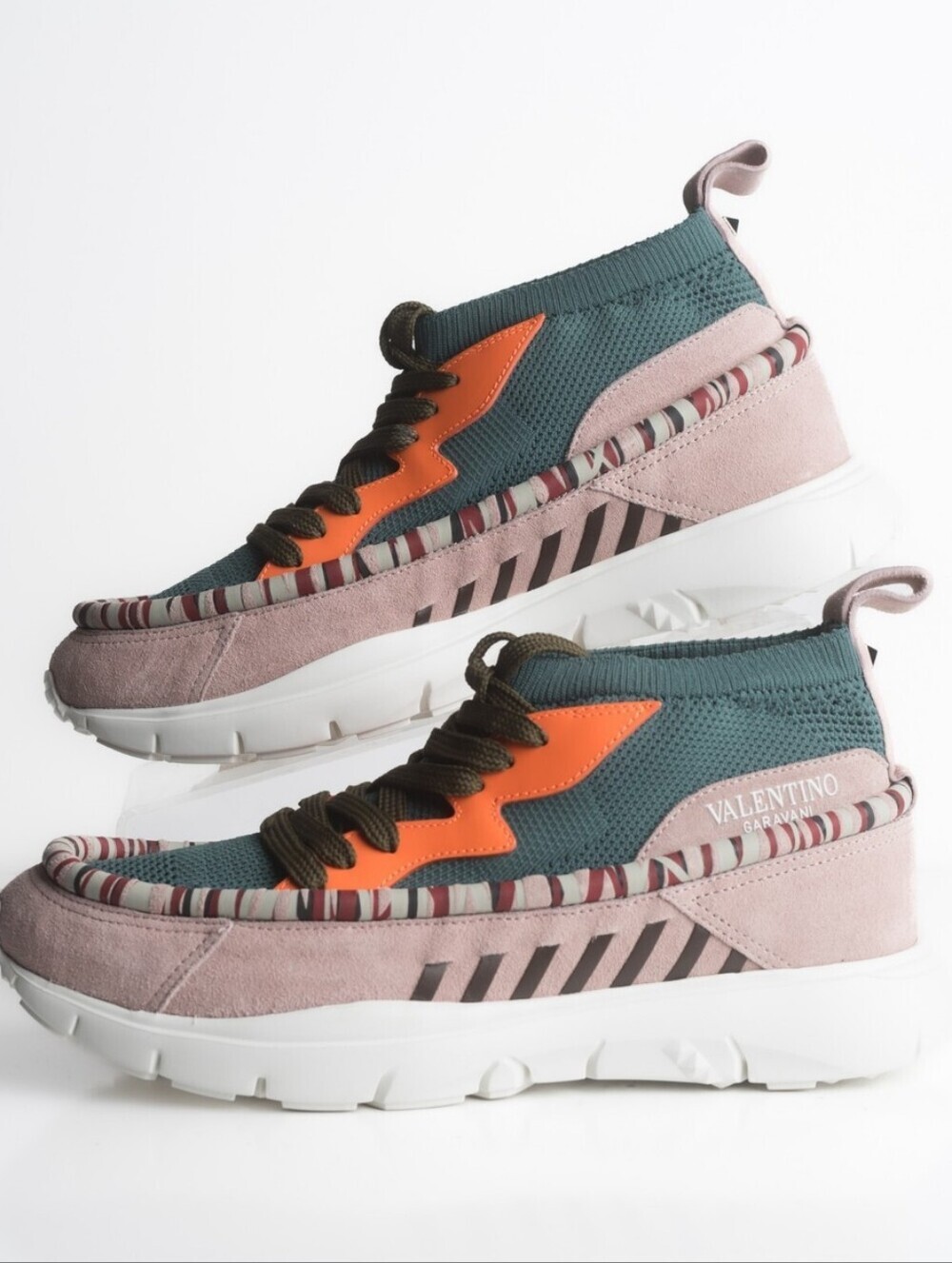 RARE Valentino Garavani Teal Knit Sneakers with Orange Panel and Pink Suede Trim
